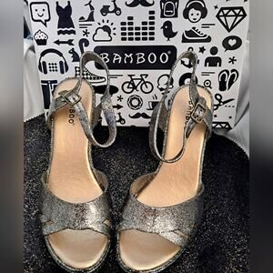 Sz 6 Silver Glitter Jelly Block High Heel Sandals Shoes NEW Platform Met…